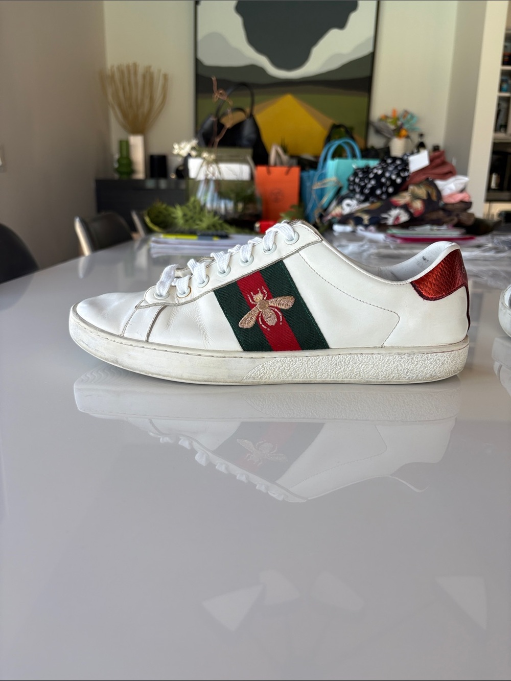 Gucci White Leather Sneakers with Green and Red Web and Gold Bee - Picture 8 of 8